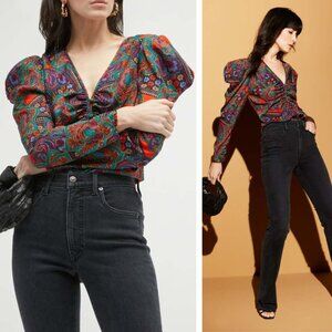NEW Veronica Beard Simmons Blouse Flame Paisley Puff Sleeves Silk Blend Luxury